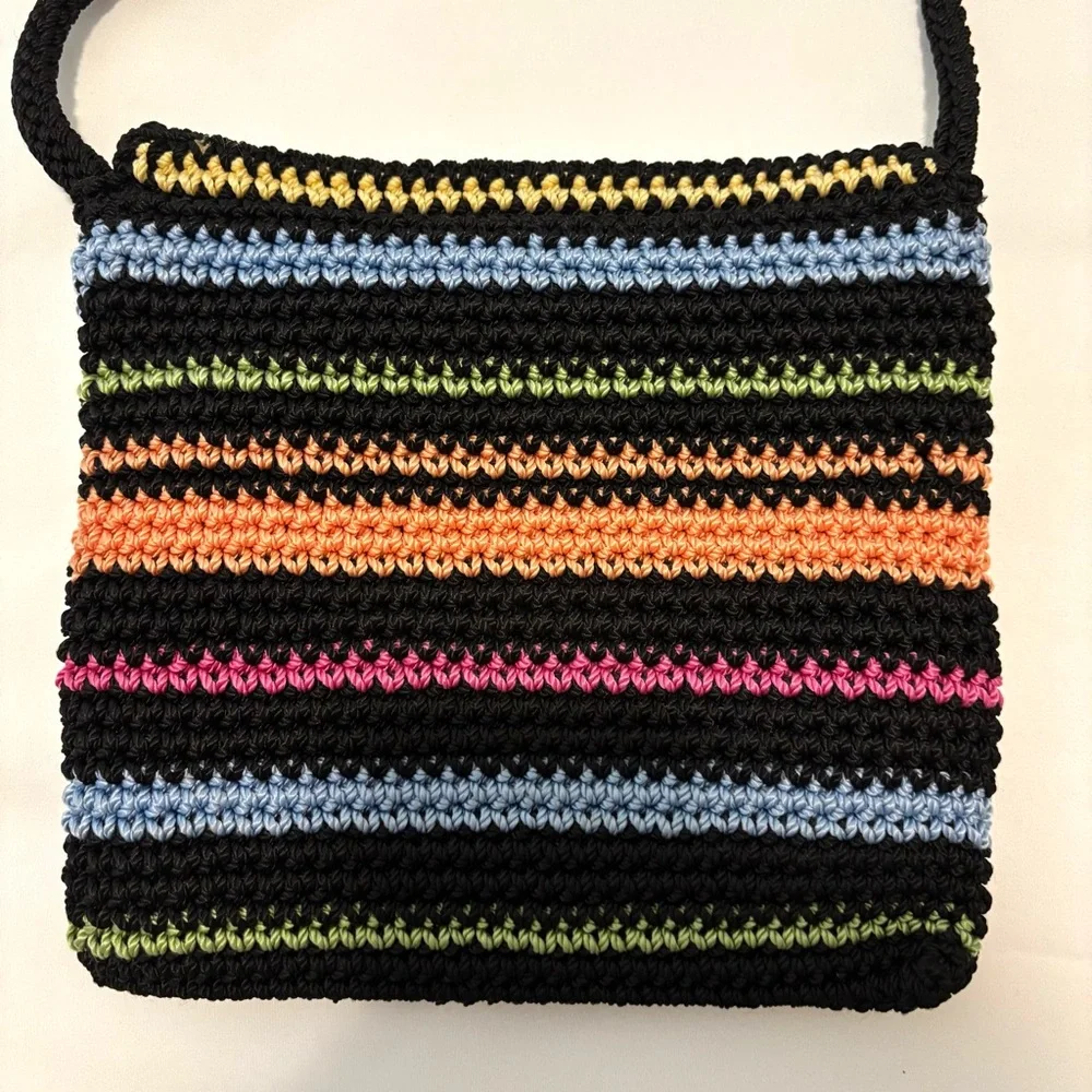 The Sak Black Multicolor Rainbow Striped Crochet Crossbody Flap Bag Boho Hippie